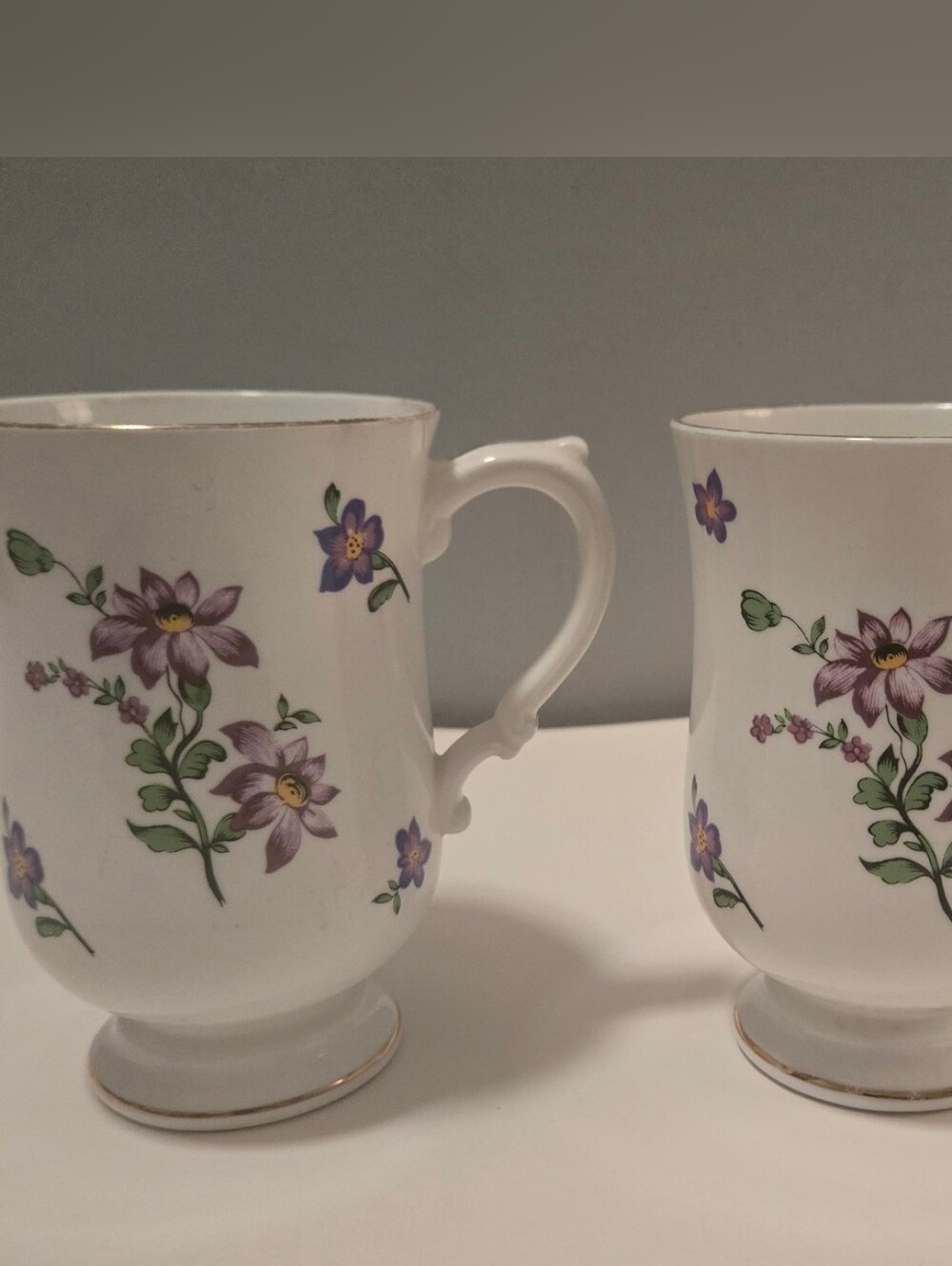 Royal Victoria Fine Bone China England Purple Floral Footed Mugs Set of 2
